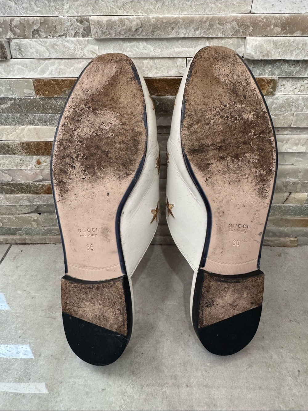 Gucci White Princetown Horsebit Mules with Gold Star & Bee Embroidery - Picture 5 of 9